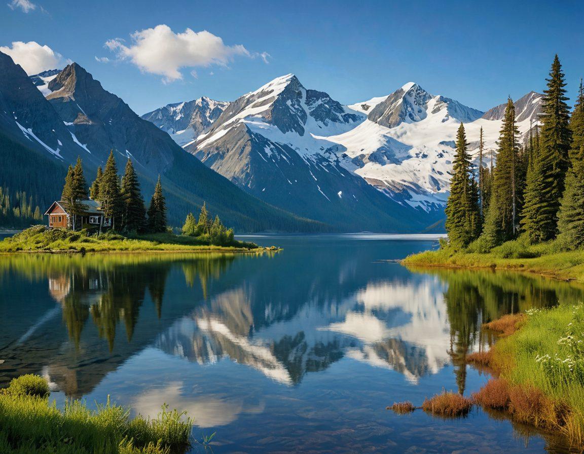 A picturesque Alaskan landscape featuring snow-capped mountains and a serene lake, with a group of diverse individuals holding hands, symbolizing unity and support. Include a visual representation of various insurance elements like house, car, and medical symbols in the background, blending harmoniously with the natural beauty. Soft, inviting colors to evoke a sense of trust and security. painting. vibrant colors.