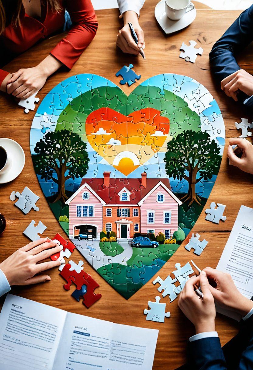 A heart-shaped puzzle symbolizing love and finance intertwined, surrounded by various insurance icons like a house, car, and health shield. In the background, a soft gradient representing a warm sunset creating a hopeful atmosphere. The image should represent couples sitting together at a table reviewing documents, illustrating teamwork in planning for their future. super-realistic. vibrant colors. warm tones.