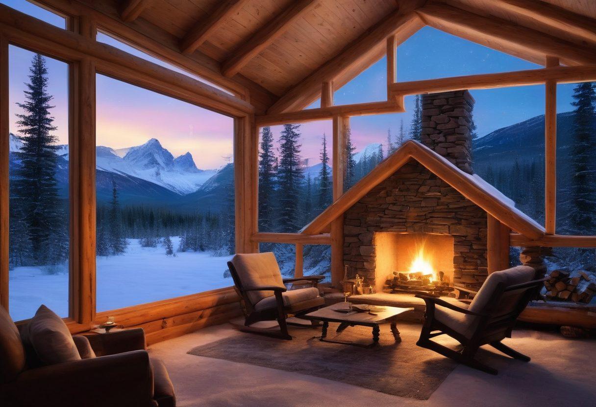 A romantic scene depicting a couple in a cozy log cabin in the Alaskan wilderness, surrounded by snow-capped mountains and pine trees. They are reviewing insurance documents together by a crackling fireplace, symbolizing security and warmth. A window shows the Northern Lights illuminating the night sky, adding a touch of magic and warmth. Soft, inviting colors enhance the cozy atmosphere. oil painting. vibrant colors. cozy texture.